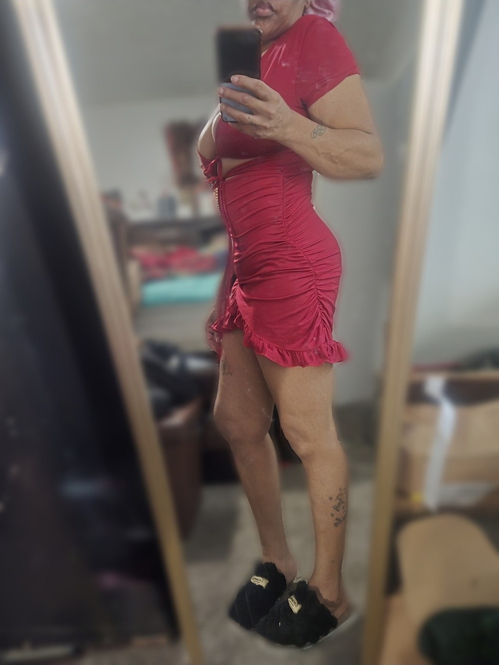 SHEIN Red Ruched Tie-Front Ruffle Mini Dress